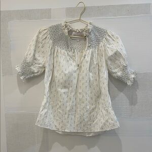 Cream Puff Sleeve Smocked Blouse with Bib Collar